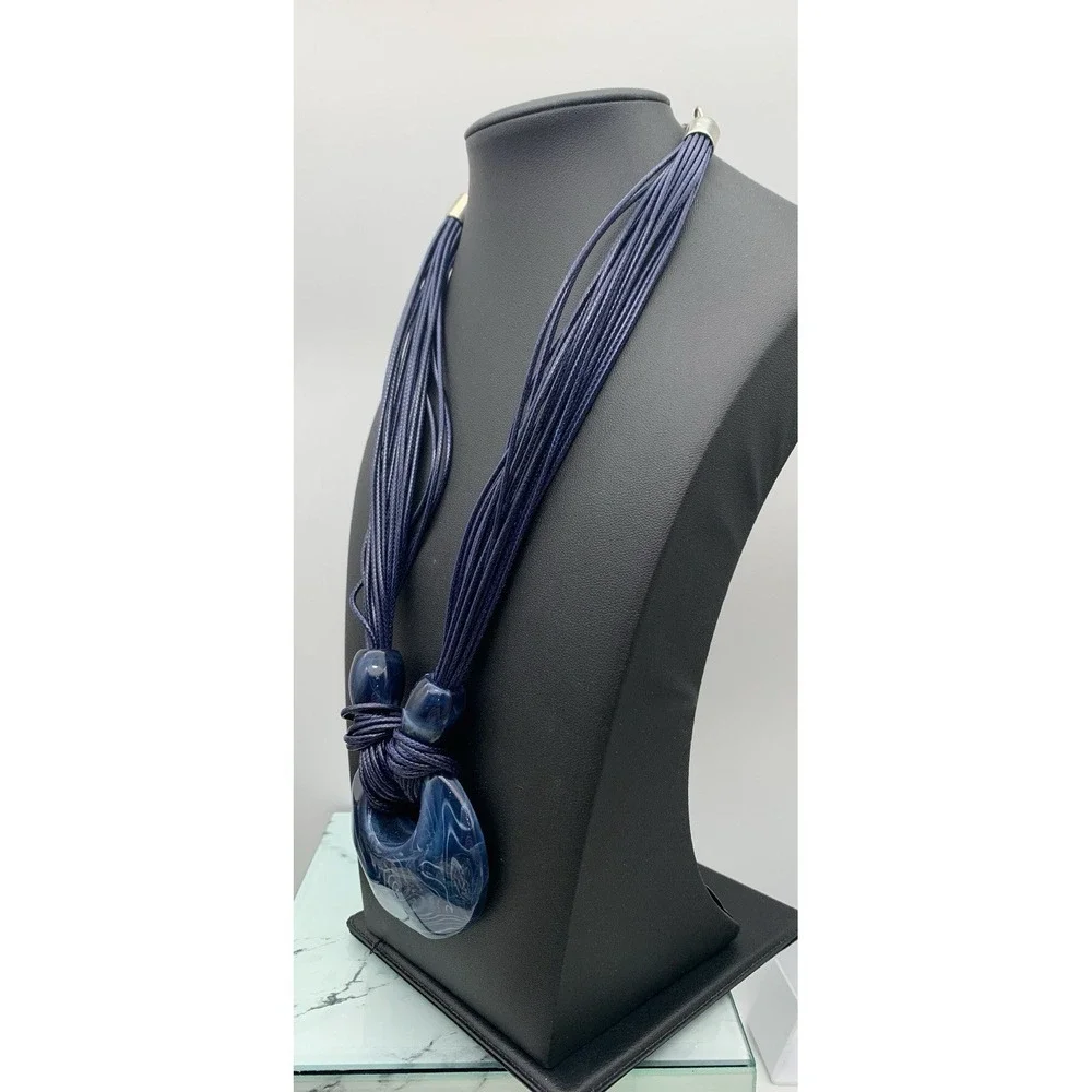 Beautiful Blue Multi Corded Necklace With A Chunky Blue Swirl‎ Resin Pendant